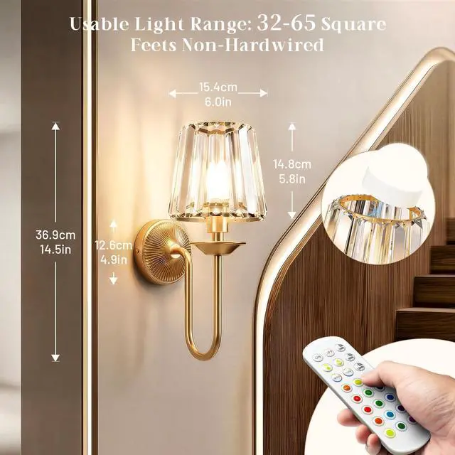 Alt view image 6 of 7 - Gold Battery Operated Wall Sconces Set of Two, Crystal Wireless Rechargeable Wall Lights with Remote, Dimmable 3 CCT and 12 RGB Cordless Wall Lamps for Bedroom Living Room Hallway Decor