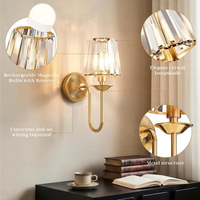 Alt view image 7 of 7 - Gold Battery Operated Wall Sconces Set of Two, Crystal Wireless Rechargeable Wall Lights with Remote, Dimmable 3 CCT and 12 RGB Cordless Wall Lamps for Bedroom Living Room Hallway Decor