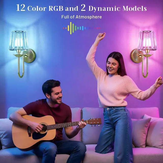 Alt view image 2 of 7 - Brass Battery Operated Wall Sconces Set of Two, Crystal Wireless Rechargeable Wall Lights with Remote, Dimmable 3 CCT and 12 RGB Cordless Wall Lamps for Bedroom Living Room Hallway Decor
