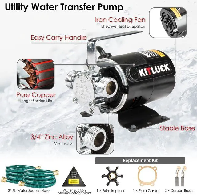 Alt view image 2 of 7 - Water Transfer Pump, 115V 1/10HP 330GPH Utility Water Pump Electric With 2 * 6ft Suction Hose, Portable Small Water Pump For Pool Draining, Removing Water From Rain Barrel, Aquariums, etc