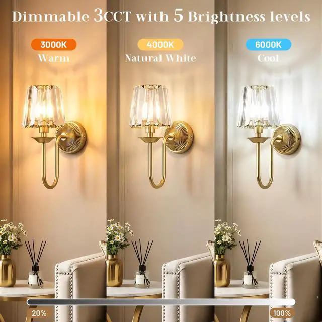 Alt view image 3 of 7 - Brass Battery Operated Wall Sconces Set of Two, Crystal Wireless Rechargeable Wall Lights with Remote, Dimmable 3 CCT and 12 RGB Cordless Wall Lamps for Bedroom Living Room Hallway Decor