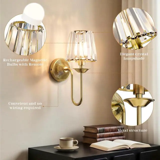 Alt view image 4 of 7 - Brass Battery Operated Wall Sconces Set of Two, Crystal Wireless Rechargeable Wall Lights with Remote, Dimmable 3 CCT and 12 RGB Cordless Wall Lamps for Bedroom Living Room Hallway Decor