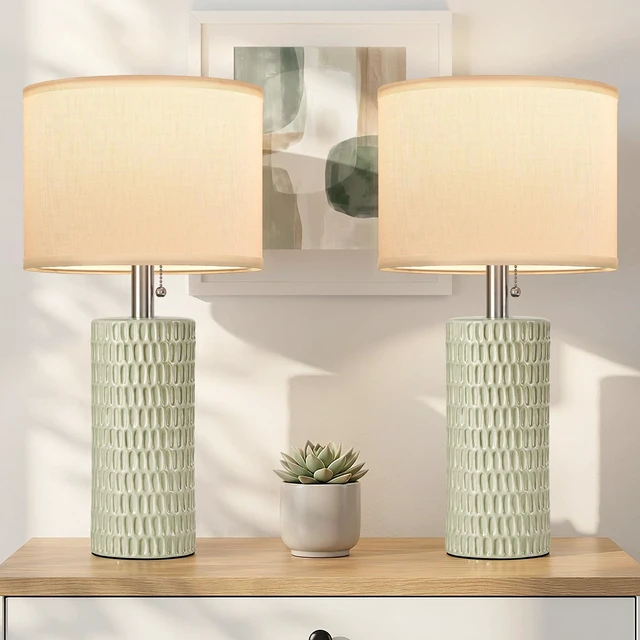 Main image of 20 Modern Table Lamps Set of 2, Lamps for Bedroom, Light Green Ceramic Table Lamps for Nightstands, Small Table Lamps for Living Room, Bedside, End Table, Kids Room, Pull Chain Switch