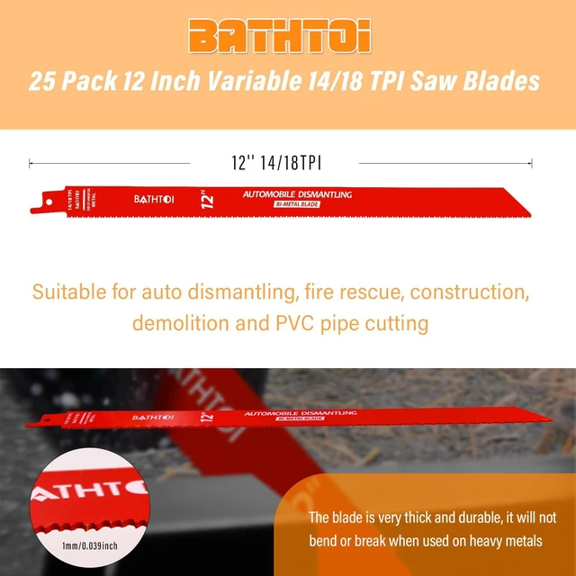 Alt view image 5 of 7 - 25 Pack 12 Inch 14/18 Tpi Reciprocating Saw Blades for Metal Cutting for Automobile Dismantling, Bi-Metal Sawzall Blades, Dual Tooth Design, with 8% Cobalt, Longer Life & Faster Cutting Speed