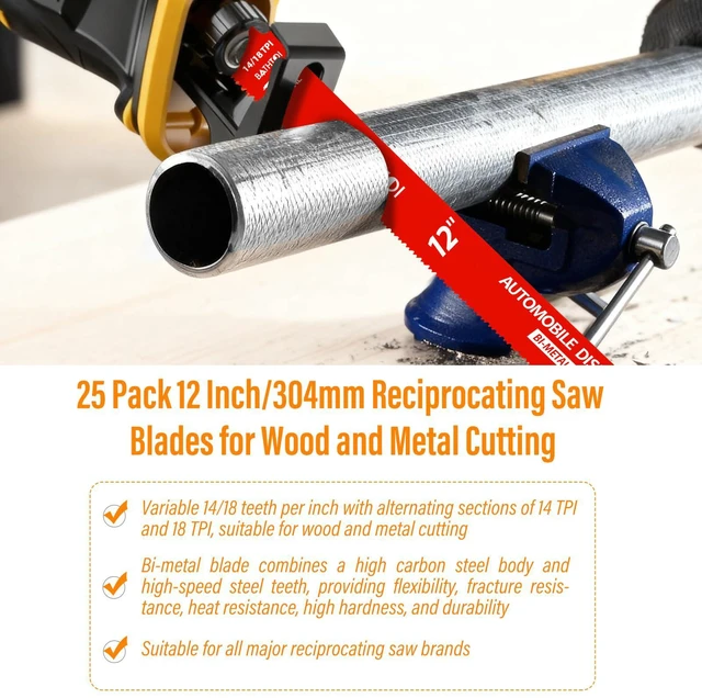 Alt view image 6 of 7 - 25 Pack 12 Inch 14/18 Tpi Reciprocating Saw Blades for Metal Cutting for Automobile Dismantling, Bi-Metal Sawzall Blades, Dual Tooth Design, with 8% Cobalt, Longer Life & Faster Cutting Speed