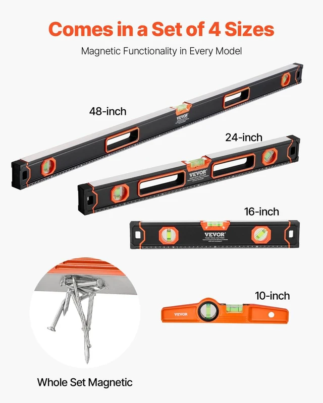 Alt view image 3 of 7 - 4-Piece Torpedo Level, 48/24/16/10 Inch All Magnetic Levels Set, Fluorescent Light Up Bubble Vials Ruler for 45/90/180 Degree, Aluminum Alloy Magnetic Box Leveler Tool, SAE and Metric Scale