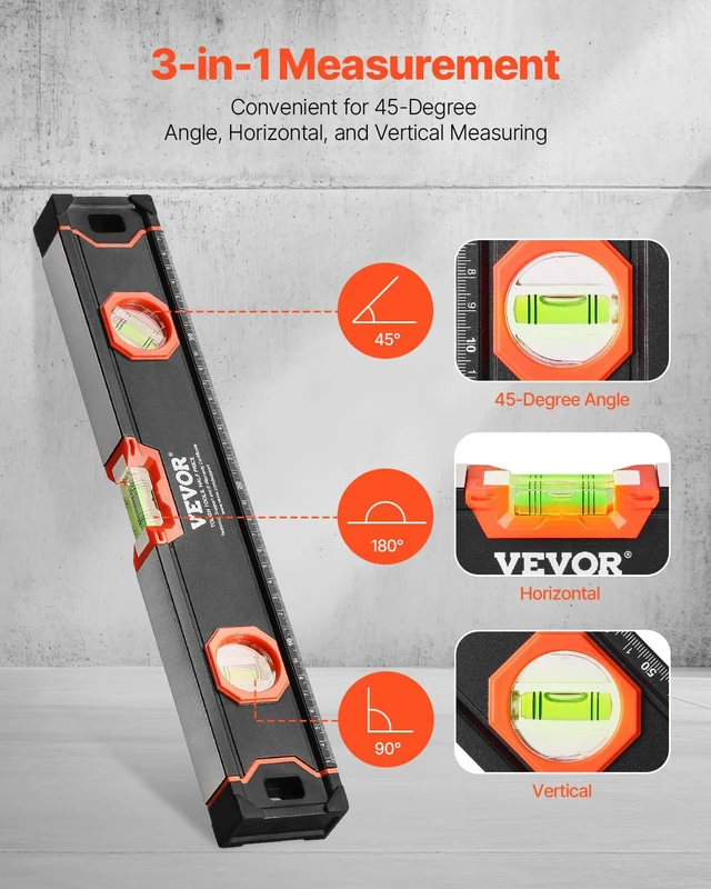 Alt view image 5 of 7 - 4-Piece Torpedo Level, 48/24/16/10 Inch All Magnetic Levels Set, Fluorescent Light Up Bubble Vials Ruler for 45/90/180 Degree, Aluminum Alloy Magnetic Box Leveler Tool, SAE and Metric Scale