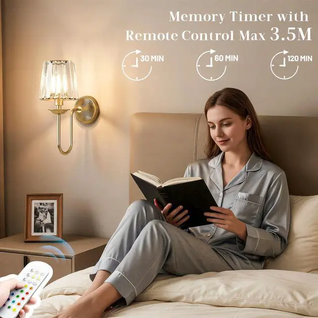 Alt view image 6 of 7 - Brass Battery Operated Wall Sconces Set of Two, Crystal Wireless Rechargeable Wall Lights with Remote, Dimmable 3 CCT and 12 RGB Cordless Wall Lamps for Bedroom Living Room Hallway Decor