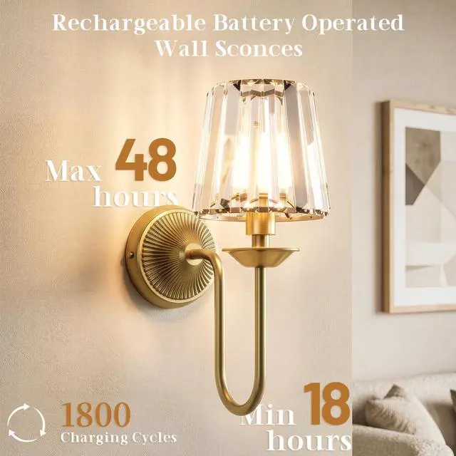 Alt view image 7 of 7 - Brass Battery Operated Wall Sconces Set of Two, Crystal Wireless Rechargeable Wall Lights with Remote, Dimmable 3 CCT and 12 RGB Cordless Wall Lamps for Bedroom Living Room Hallway Decor
