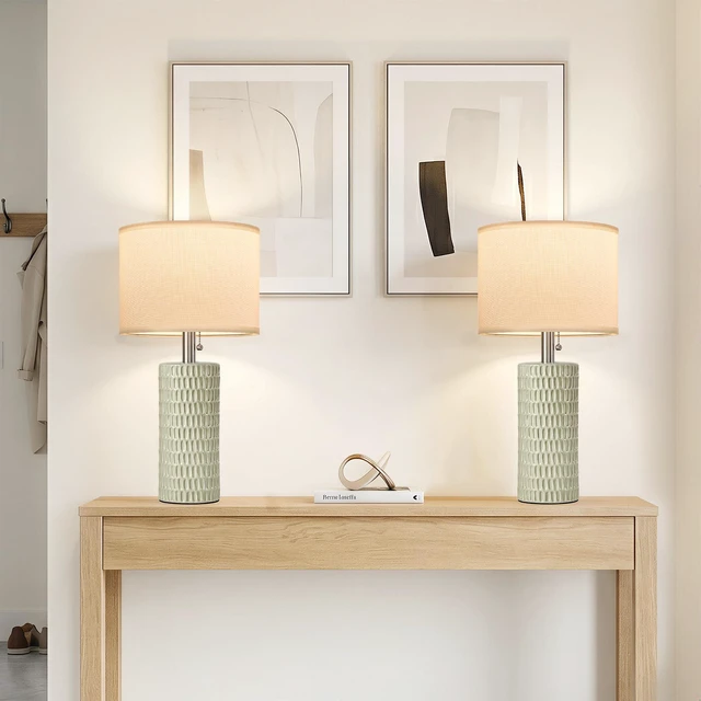 Alt view image 4 of 7 - 20 Modern Table Lamps Set of 2, Lamps for Bedroom, Light Green Ceramic Table Lamps for Nightstands, Small Table Lamps for Living Room, Bedside, End Table, Kids Room, Pull Chain Switch