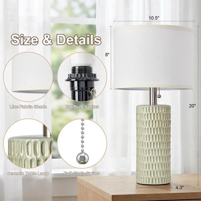 Alt view image 6 of 7 - 20 Modern Table Lamps Set of 2, Lamps for Bedroom, Light Green Ceramic Table Lamps for Nightstands, Small Table Lamps for Living Room, Bedside, End Table, Kids Room, Pull Chain Switch