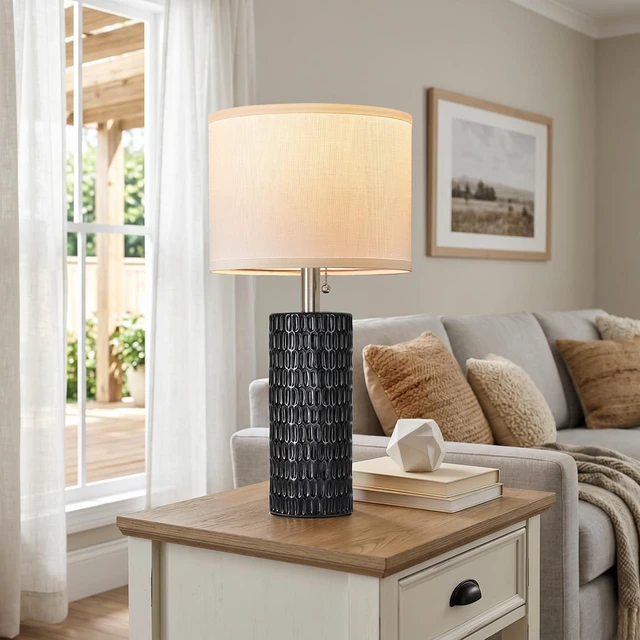 Alt view image 3 of 7 - 20 Modern Table Lamps Set of 2, Lamps for Bedroom, Black Ceramic Table Lamps for Nightstands, Small Table Lamps for Living Room, Bedside, End Table, Loft, Office, Pull Chain Switch