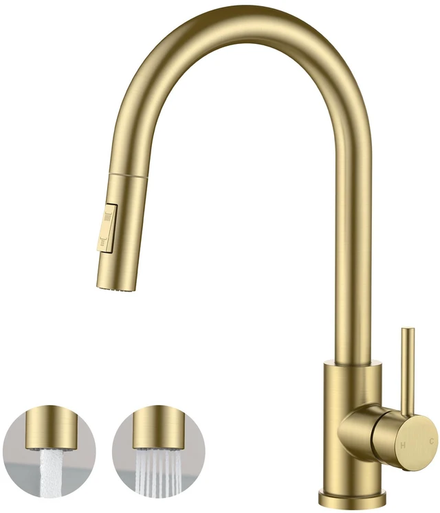 Main image of Kitchen Faucet, 2-Mode Pull Down Sprayer, Classic Brushed Gold Lead-Free, Stainless Steel, Single Handle, 1 Hole Sink Faucet with Deck Plate, Fit for RV Bar Farmhouse Laundry Outdoor