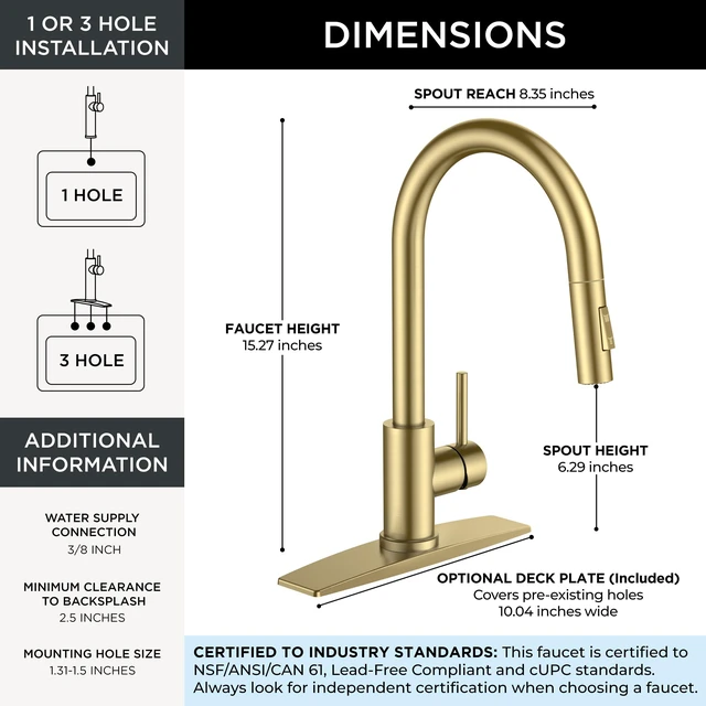Alt view image 2 of 7 - Kitchen Faucet, 2-Mode Pull Down Sprayer, Classic Brushed Gold Lead-Free, Stainless Steel, Single Handle, 1 Hole Sink Faucet with Deck Plate, Fit for RV Bar Farmhouse Laundry Outdoor