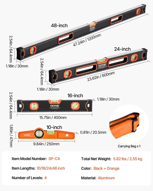 Alt view image 7 of 7 - 4-Piece Torpedo Level, 48/24/16/10 Inch All Magnetic Levels Set, Fluorescent Light Up Bubble Vials Ruler for 45/90/180 Degree, Aluminum Alloy Magnetic Box Leveler Tool, SAE and Metric Scale