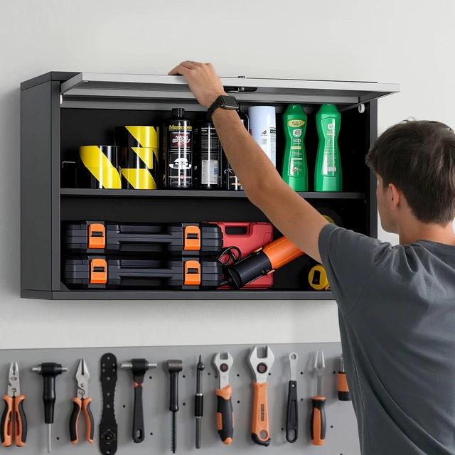 Alt view image 2 of 7 - Metal Wall Cabinet, 30.31 x 12.01 x 19.69 Inch, Floating Garage Tool Cabinet with Up-Flip Door and Shelf, 240 lbs Load Capacity, Fit for Garage, Basement, Kitchen, Warehouse Assembly Required