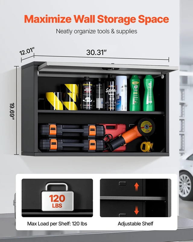 Alt view image 3 of 7 - Metal Wall Cabinet, 30.31 x 12.01 x 19.69 Inch, Floating Garage Tool Cabinet with Up-Flip Door and Shelf, 240 lbs Load Capacity, Fit for Garage, Basement, Kitchen, Warehouse Assembly Required