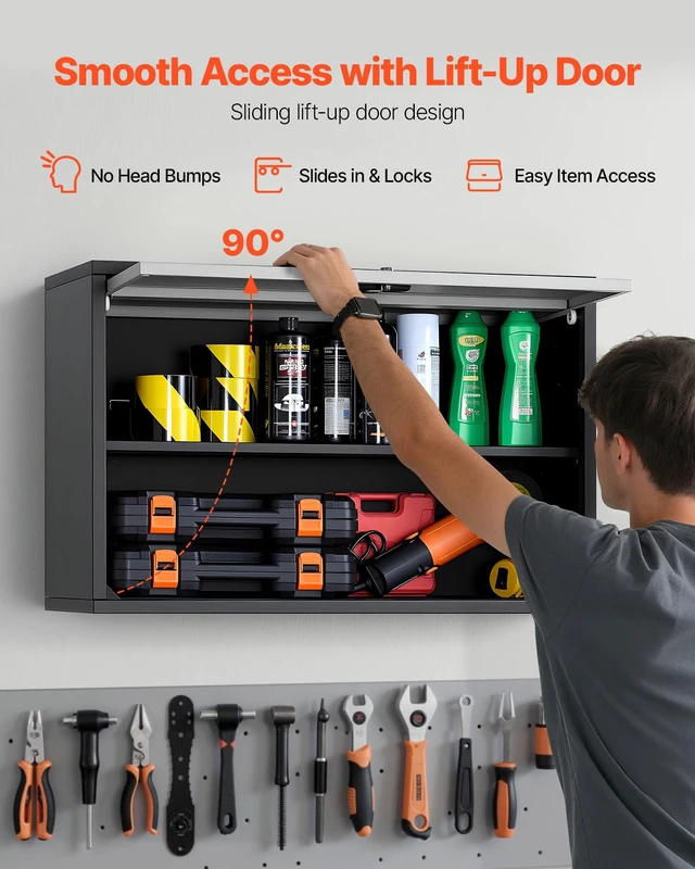 Alt view image 5 of 7 - Metal Wall Cabinet, 30.31 x 12.01 x 19.69 Inch, Floating Garage Tool Cabinet with Up-Flip Door and Shelf, 240 lbs Load Capacity, Fit for Garage, Basement, Kitchen, Warehouse Assembly Required
