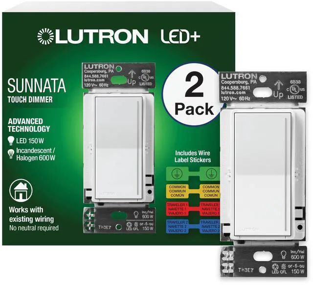 Main image of Sunnata LED+ Dimmer Switch, Touch Dimmer, Single Pole/3-way For Dimmable LEDs, flicker-free dim, broad compatibility, easy install, no neutral required, STCL-153MS-WH-2, White, 2 Pack