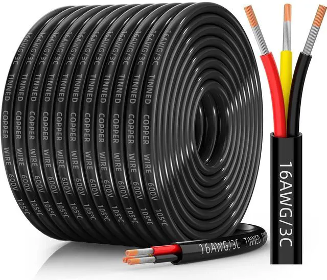 Main image of 16 Gauge Wire, 16/3 Conductor Tinned Copper Electrical Wire, 100FT Flexible, Waterproof & Flame-Retardant Low-Voltage 16 AWG 3 Wire Cable with PVC Jacket for Automotive, RV, Marine, LED Strip