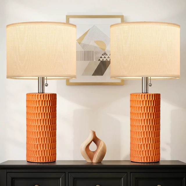 Main image of 20 Modern Table Lamps Set of 2, Lamps for Bedroom, Orange Ceramic Table Lamps for Nightstands, Small Table Lamps for Living Room, Bedside, End Table, Kids Room, Pull Chain Switch