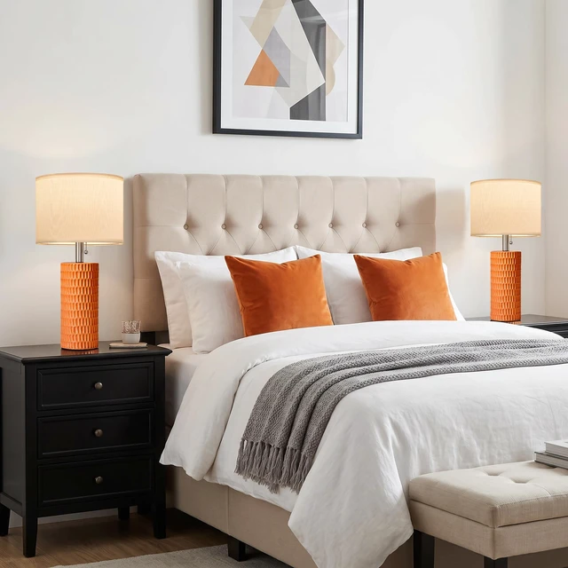 Alt view image 2 of 7 - 20 Modern Table Lamps Set of 2, Lamps for Bedroom, Orange Ceramic Table Lamps for Nightstands, Small Table Lamps for Living Room, Bedside, End Table, Kids Room, Pull Chain Switch