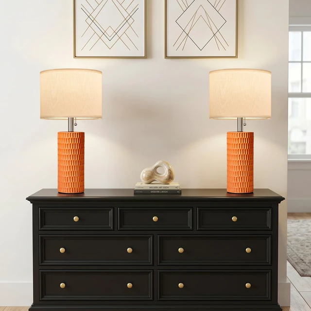 Alt view image 3 of 7 - 20 Modern Table Lamps Set of 2, Lamps for Bedroom, Orange Ceramic Table Lamps for Nightstands, Small Table Lamps for Living Room, Bedside, End Table, Kids Room, Pull Chain Switch