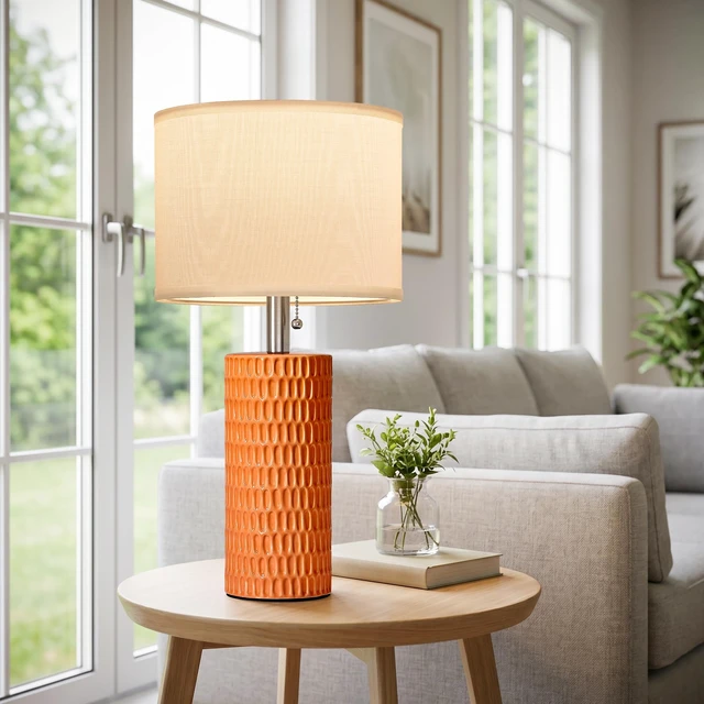 Alt view image 4 of 7 - 20 Modern Table Lamps Set of 2, Lamps for Bedroom, Orange Ceramic Table Lamps for Nightstands, Small Table Lamps for Living Room, Bedside, End Table, Kids Room, Pull Chain Switch