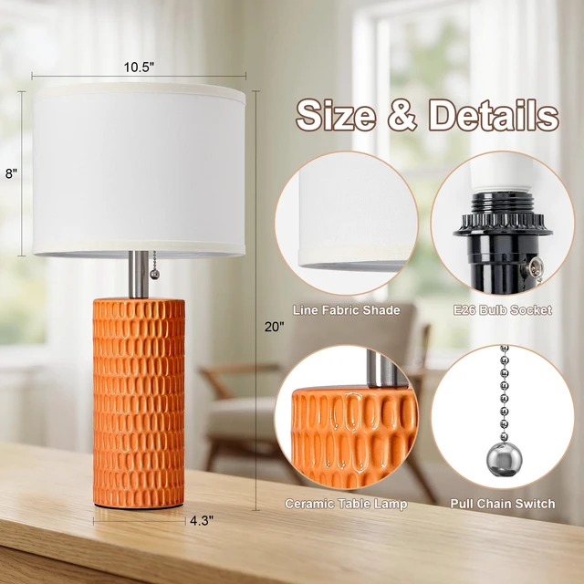 Alt view image 6 of 7 - 20 Modern Table Lamps Set of 2, Lamps for Bedroom, Orange Ceramic Table Lamps for Nightstands, Small Table Lamps for Living Room, Bedside, End Table, Kids Room, Pull Chain Switch