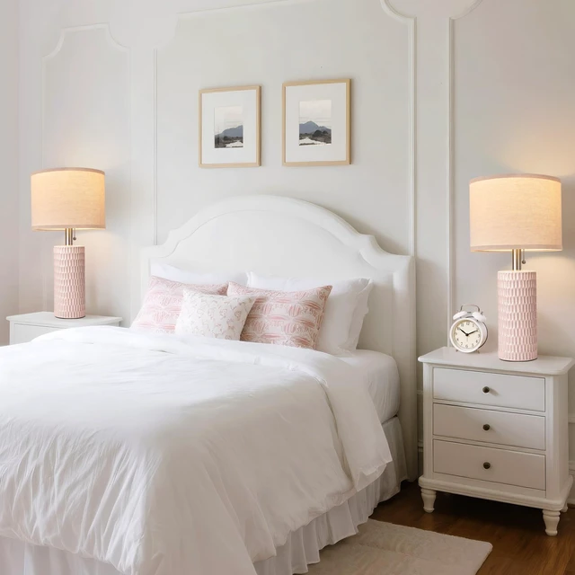 Alt view image 2 of 7 - 20.5" Modern Ceramic Table Lamps for Bedroom Set of 2, Bedside Lamps for Night Stands with Beige Lampshade, Farmhouse Table Lamp for Living Room Office Dorm, Pink