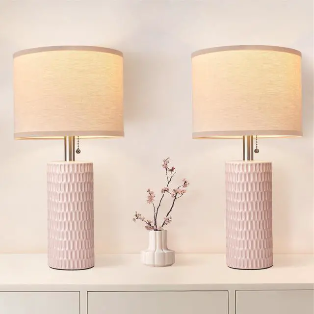 Main image of 20.5" Modern Ceramic Table Lamps for Bedroom Set of 2, Bedside Lamps for Night Stands with Beige Lampshade, Farmhouse Table Lamp for Living Room Office Dorm, Pink