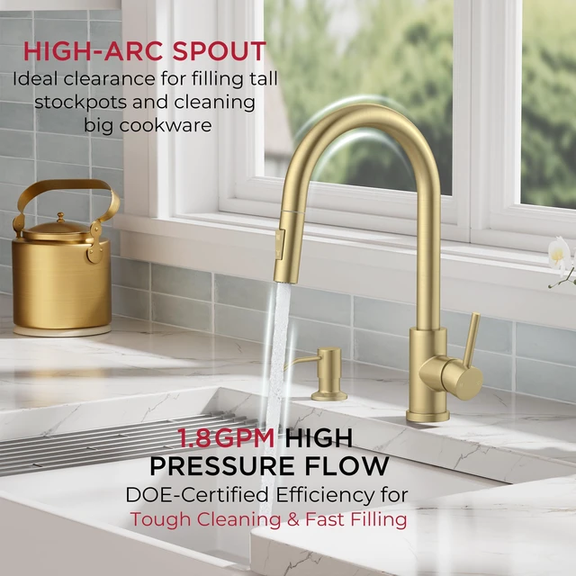 Alt view image 5 of 7 - Kitchen Faucet, 2-Mode Pull Down Sprayer, Classic Brushed Gold Lead-Free, Stainless Steel, Single Handle, 1 Hole Sink Faucet with Deck Plate, Fit for RV Bar Farmhouse Laundry Outdoor