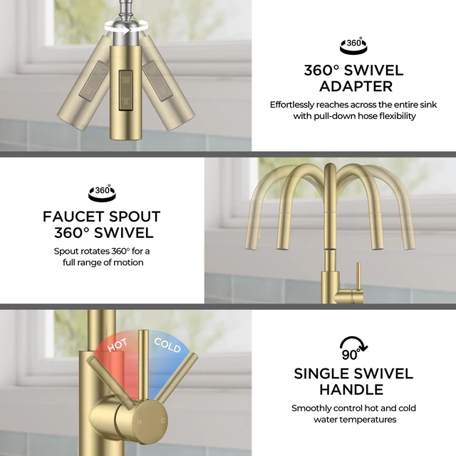 Alt view image 7 of 7 - Kitchen Faucet, 2-Mode Pull Down Sprayer, Classic Brushed Gold Lead-Free, Stainless Steel, Single Handle, 1 Hole Sink Faucet with Deck Plate, Fit for RV Bar Farmhouse Laundry Outdoor