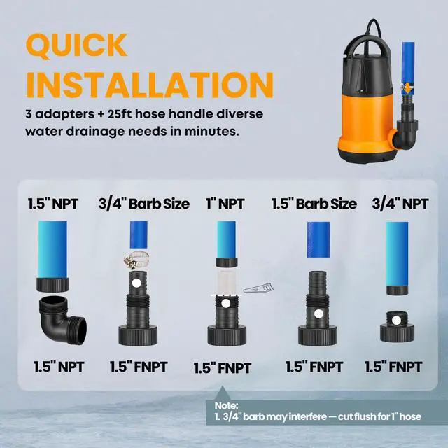 Alt view image 4 of 7 - Sump Pump Submersible With 25Ft. Hose, Submersible Pump, 25Ft Cord, 4000GPH 1.5HP Water Pump Submersible With 25ft. Hose Kit, Utility Pump, Sump Pump with 25Ft Cord For Pools, Garden Ponds, Basement