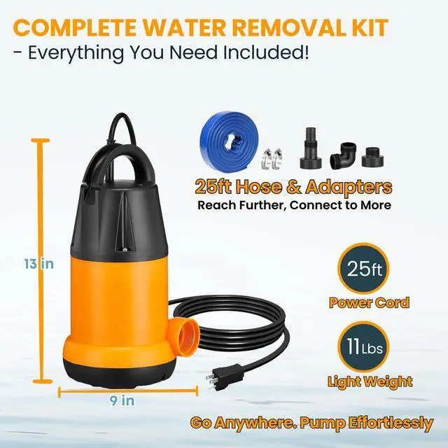 Alt view image 2 of 7 - Sump Pump Submersible With 25Ft. Hose, Submersible Pump, 25Ft Cord, 4000GPH 1.5HP Water Pump Submersible With 25ft. Hose Kit, Utility Pump, Sump Pump with 25Ft Cord For Pools, Garden Ponds, Basement