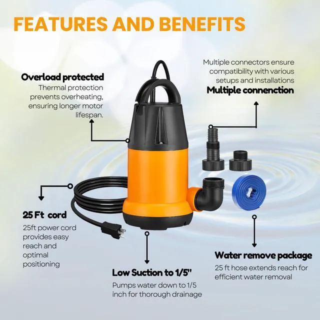 Alt view image 5 of 7 - Sump Pump Submersible With 25Ft. Hose, Submersible Pump, 25Ft Cord, 4000GPH 1.5HP Water Pump Submersible With 25ft. Hose Kit, Utility Pump, Sump Pump with 25Ft Cord For Pools, Garden Ponds, Basement