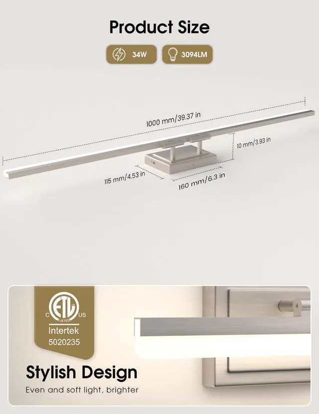 Alt view image 5 of 7 - Modern Bathroom Vanity Light 39.4 inch, Rotatable, 34W Dimmable 5CCT Led Bathroom Light Fixture Over Mirror, Brushed Nickel Bar Vanity Light for Bathrooms Mirror Restroom-ETL Certificated