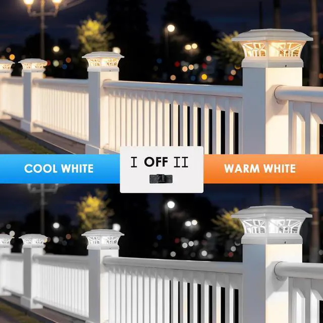 Alt view image 3 of 7 - 8 Pack Solar Post Cap Lights Outdoor Waterproof, Dual Light, White Fits 4x4, 5x5, 6x6 Wooden & Vinyl Posts,Warm & Cool White Light Modes, Fence Deck Post Lights,Edison-style bulb