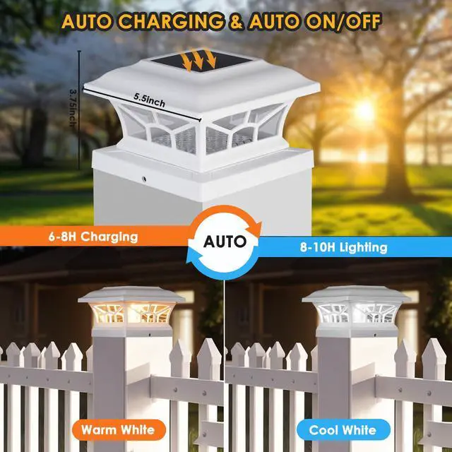 Alt view image 4 of 7 - 8 Pack Solar Post Cap Lights Outdoor Waterproof, Dual Light, White Fits 4x4, 5x5, 6x6 Wooden & Vinyl Posts,Warm & Cool White Light Modes, Fence Deck Post Lights,Edison-style bulb