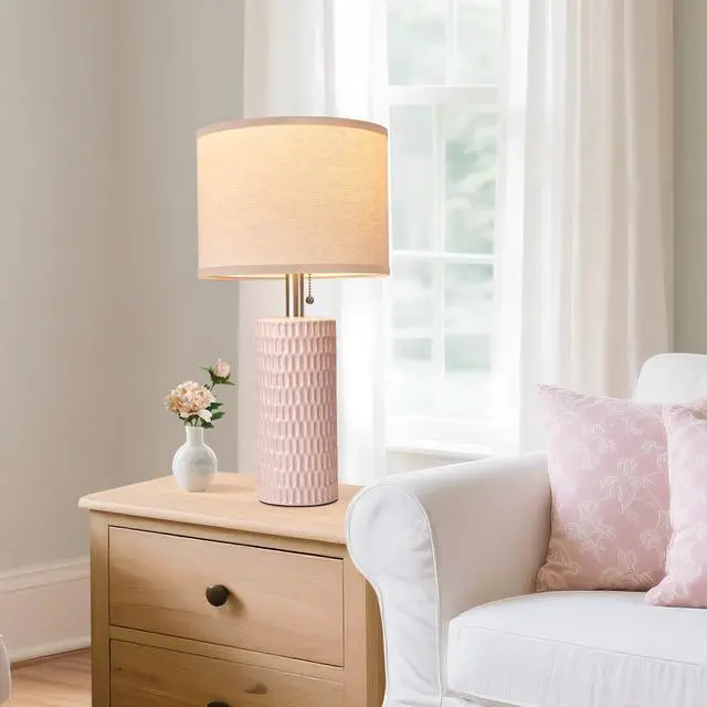 Alt view image 3 of 7 - 20.5" Modern Ceramic Table Lamps for Bedroom Set of 2, Bedside Lamps for Night Stands with Beige Lampshade, Farmhouse Table Lamp for Living Room Office Dorm, Pink