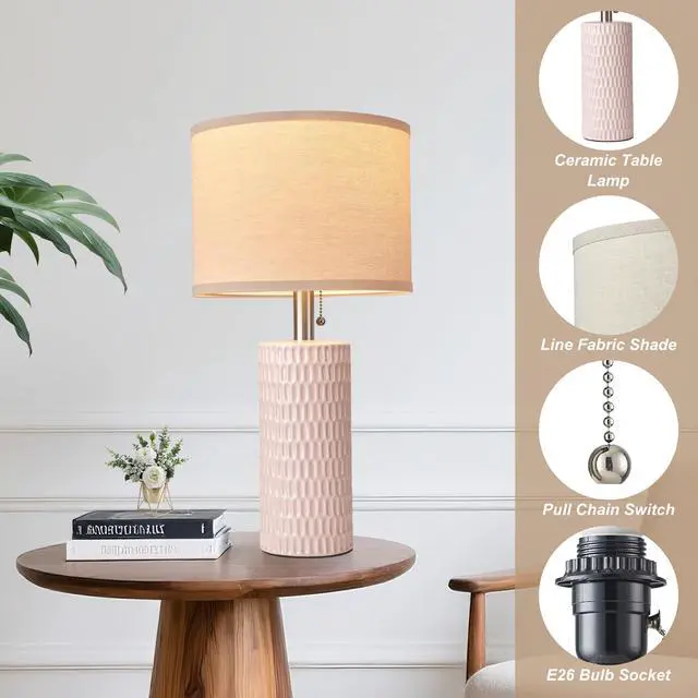 Alt view image 5 of 7 - 20.5" Modern Ceramic Table Lamps for Bedroom Set of 2, Bedside Lamps for Night Stands with Beige Lampshade, Farmhouse Table Lamp for Living Room Office Dorm, Pink