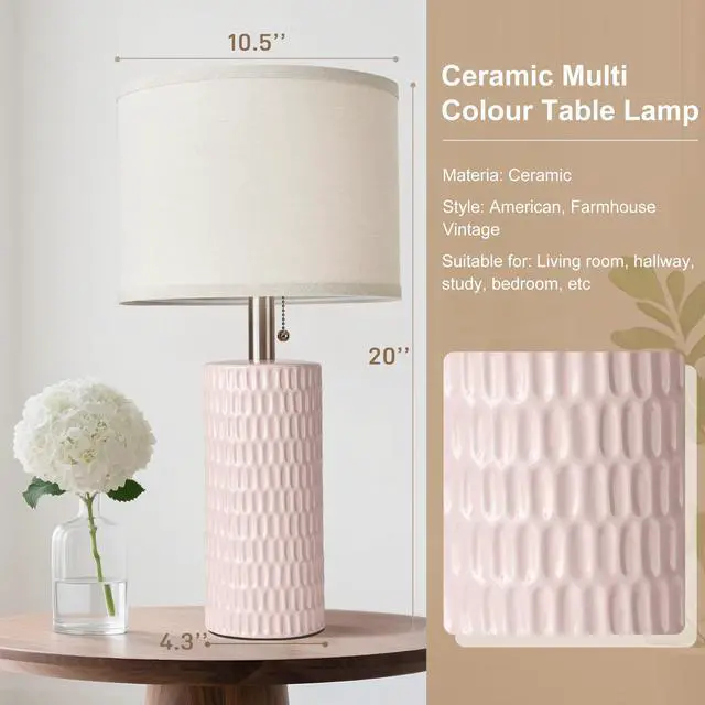 Alt view image 6 of 7 - 20.5" Modern Ceramic Table Lamps for Bedroom Set of 2, Bedside Lamps for Night Stands with Beige Lampshade, Farmhouse Table Lamp for Living Room Office Dorm, Pink