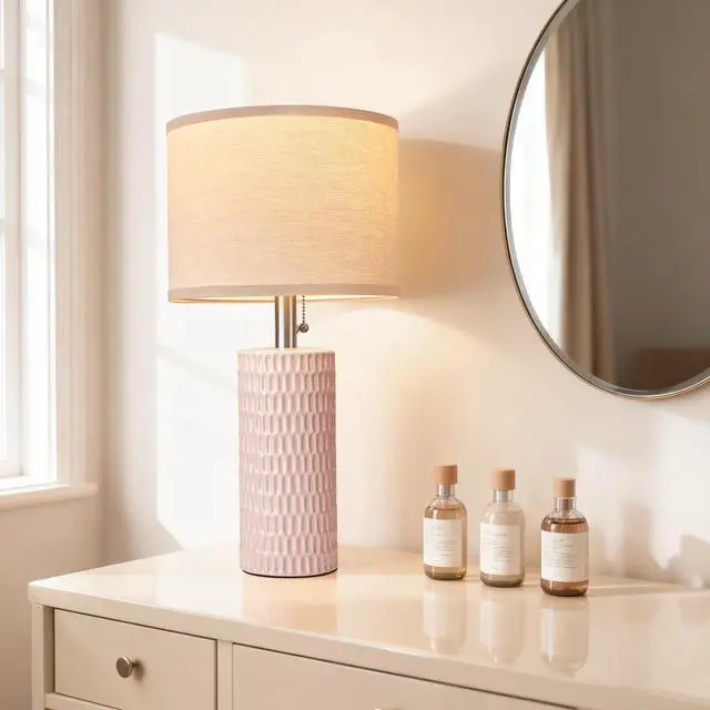 Alt view image 4 of 7 - 20.5" Modern Ceramic Table Lamps for Bedroom Set of 2, Bedside Lamps for Night Stands with Beige Lampshade, Farmhouse Table Lamp for Living Room Office Dorm, Pink