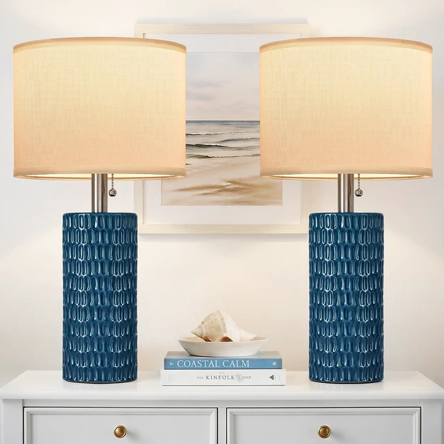 Main image of 20 Modern Table Lamps Set of 2, Lamps for Bedroom, Blue Ceramic Table Lamps for Nightstands, Small Table Lamps for Living Room, Bedside, End Table, Kids Room, Pull Chain Switch