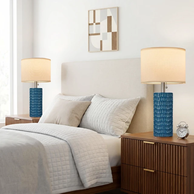 Alt view image 2 of 7 - 20 Modern Table Lamps Set of 2, Lamps for Bedroom, Blue Ceramic Table Lamps for Nightstands, Small Table Lamps for Living Room, Bedside, End Table, Kids Room, Pull Chain Switch
