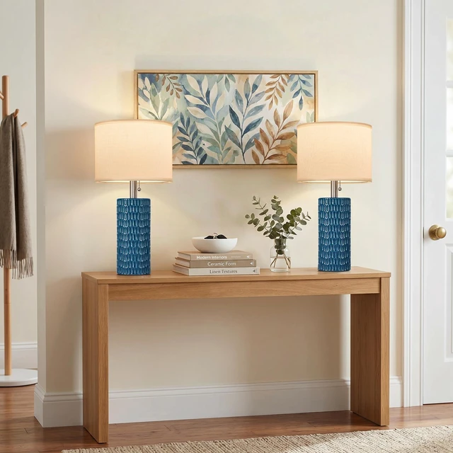 Alt view image 4 of 7 - 20 Modern Table Lamps Set of 2, Lamps for Bedroom, Blue Ceramic Table Lamps for Nightstands, Small Table Lamps for Living Room, Bedside, End Table, Kids Room, Pull Chain Switch