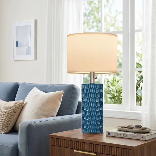 Alt view image 3 of 7 - 20 Modern Table Lamps Set of 2, Lamps for Bedroom, Blue Ceramic Table Lamps for Nightstands, Small Table Lamps for Living Room, Bedside, End Table, Kids Room, Pull Chain Switch