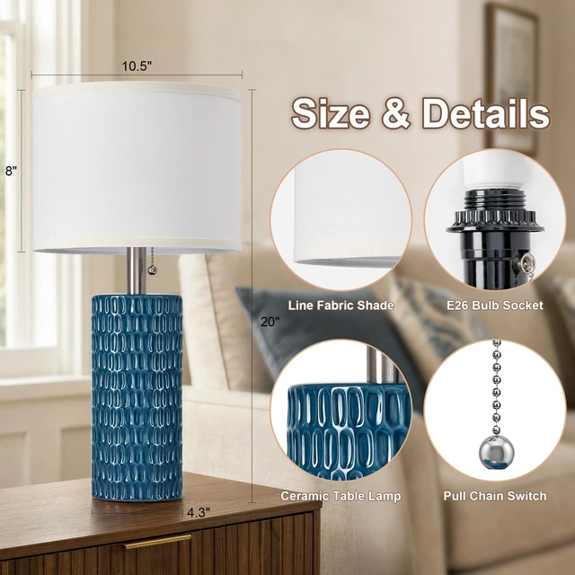 Alt view image 6 of 7 - 20 Modern Table Lamps Set of 2, Lamps for Bedroom, Blue Ceramic Table Lamps for Nightstands, Small Table Lamps for Living Room, Bedside, End Table, Kids Room, Pull Chain Switch