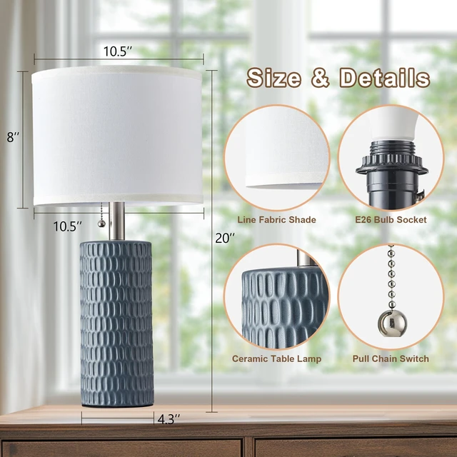 Alt view image 5 of 7 - 20 Modern Ceramic Table Lamps for Bedroom, Set of 2, Grey Bedside lamps for nightstands, Small Table Lamps for Living room, Home Office, End Table and Hallways