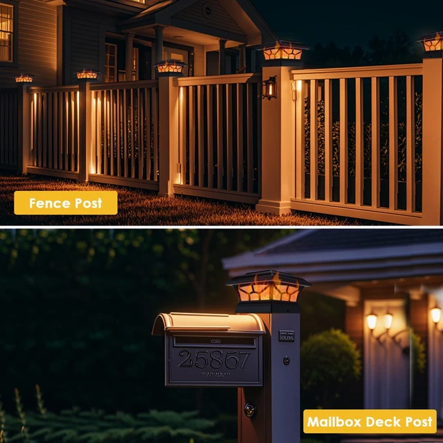 Alt view image 4 of 7 - 4 Pack Solar Post Cap Lights Outdoor, Flickering Flame & Warm White Fits 4x4, 5x5, 6x6 Wooden & Vinyl Posts,Fence Deck Post Lights,Edison-style bulb